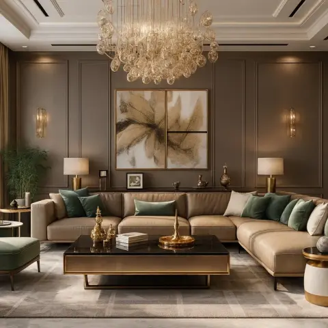 Taupe panelled living room where an amber bubble-glass chandelier hangs over a beige leather L-sofa cushioned in olive velvet
