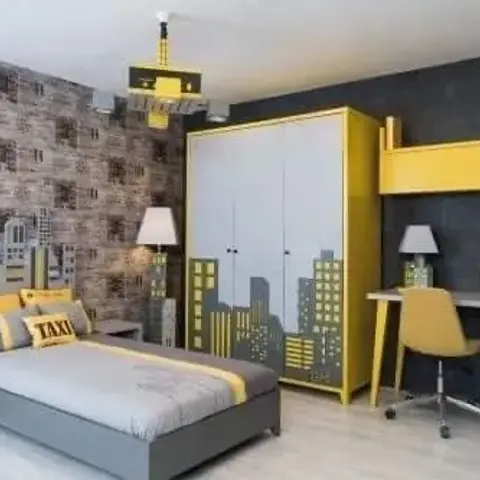 Taxi-themed child's room in yellow and grey — a cityscape skyline cut across the wardrobe shutters, brick-effect wallpaper on one wall