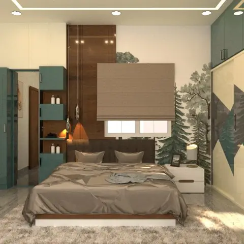 Teal and cream high-gloss sliding wardrobe in a large diamond pattern facing a low bed set against a pine-forest mural and a walnut headboard panel.