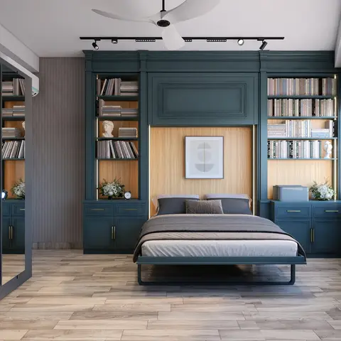Teal panelled library wall wrapping a low platform bed, with an oak-veneer headboard recess