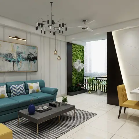 Teal three-seater and mustard ottomans under a black cage-tube chandelier, with a preserved-moss green wall on the balcony edge and a mustard-upholstered