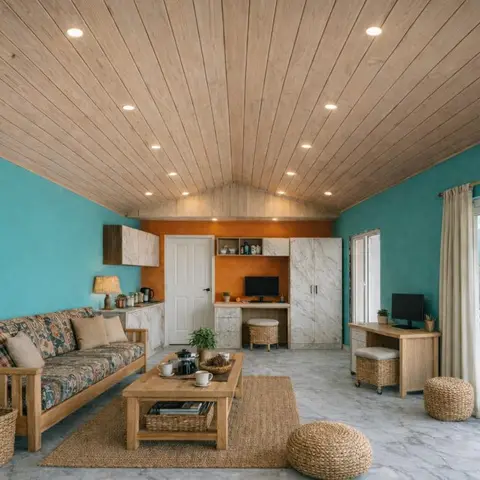 Teal-walled living room with a wood-panelled vaulted ceiling, a patterned wooden sofa and rattan poufs facing a mountain-view balcony.