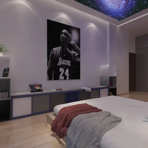 Teen bedroom render with a galaxy-print ceiling panel, a large Kobe Bryant Lakers poster, a low platform bed and open-cube storage shelving.