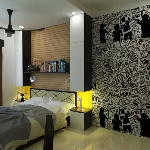 Teen bedroom with a black-and-white graphic band-poster mural wall, a black metal-frame bed with built-in nightstands, yellow accent lighting