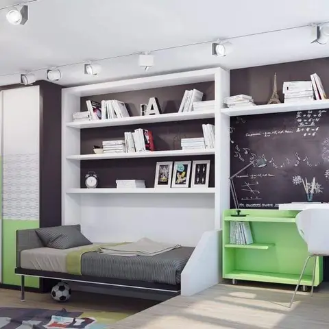 Teen bedroom with a green-and-white wardrobe, open bookshelves and a green study desk set against a chalkboard wall
