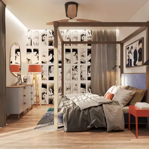 Teen bedroom with a wood four-poster bed frame against black-and-white manga-print wallpaper and an orange lacquered nightstand