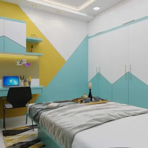 Teen room where mustard and aqua paint meet in a hard diagonal across the wall, with a matching aqua platform bed