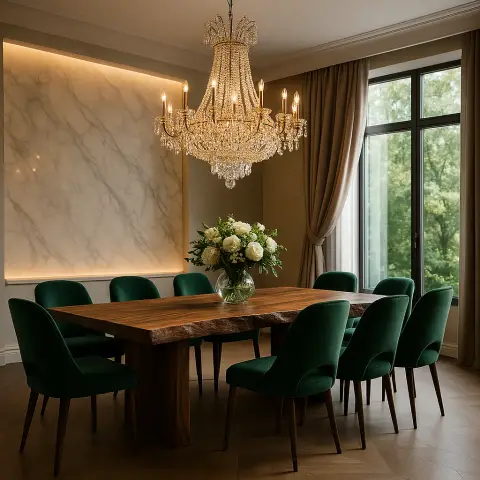 Ten emerald velvet chairs ring a live-edge walnut dining table under a gold-and-crystal basket chandelier