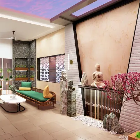 Terrace sit-out render, half under a cove-lit ceiling and half under a timber pergola, with a green-cushioned cane daybed