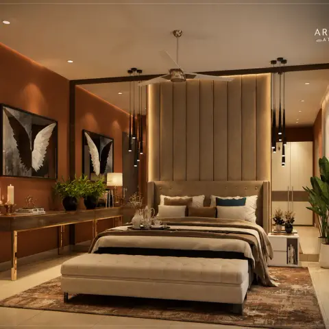 Terracotta-walled bedroom where a full-height fluted fabric headboard wall is flanked by two clusters of black rod pendants