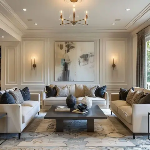 Three matching cream sofas squared around a dark slab coffee table under a large grey-and-white abstract canvas