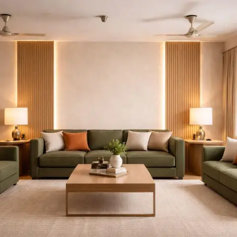Three olive-green sofas facing each other around a light oak coffee table on a jute rug