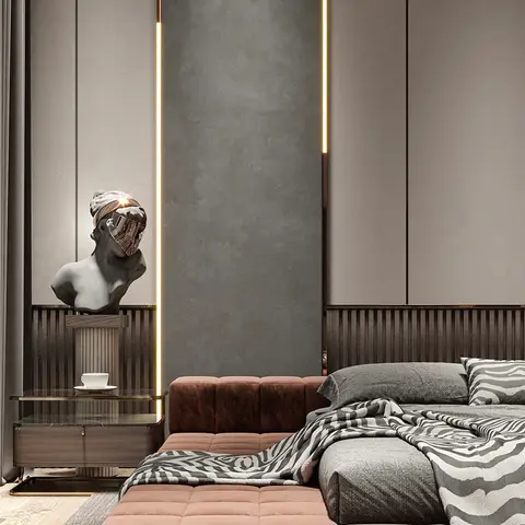 Tight crop of a dark bedroom where taupe upholstered wall panels over a fluted wood dado meet a micro-cement panel edged with recessed LED strips