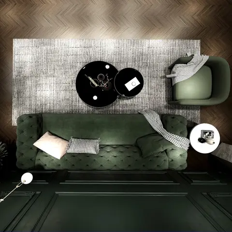 Top-down render of a dark green living room with a tufted velvet chesterfield sofa, herringbone wood accent wall