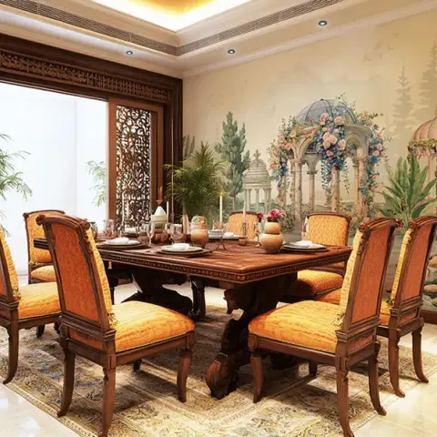 Traditional dining room with a hand-painted garden mural wall, carved wood jaali screens on either side