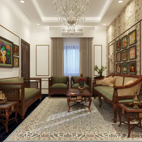 Traditional drawing room render with teak jaali-back settees in olive upholstery, a cane-back diwan