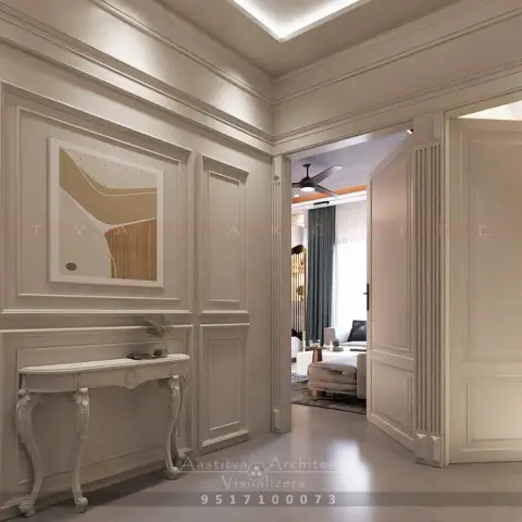 Traditional foyer with cream raised-panel wall mouldings, a marble-top console table with cabriole legs, and an abstract framed artwork