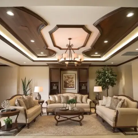 Traditional living room with a carved wood octagonal false ceiling and chandelier over a matching cream tufted three-piece sofa set and a built-in display wall