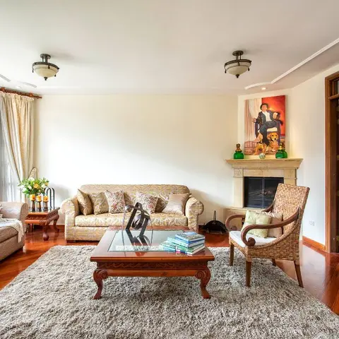 Traditional living room with patterned upholstered sofas and a wicker armchair around a carved wood coffee table on a shag rug
