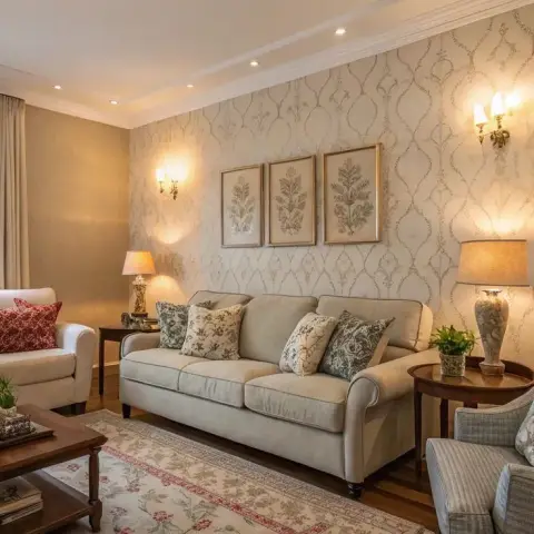 Traditional sitting room with an ivory ogee-trellis wallpapered feature wall behind a cream roll-arm sofa, a triptych of framed botanical prints
