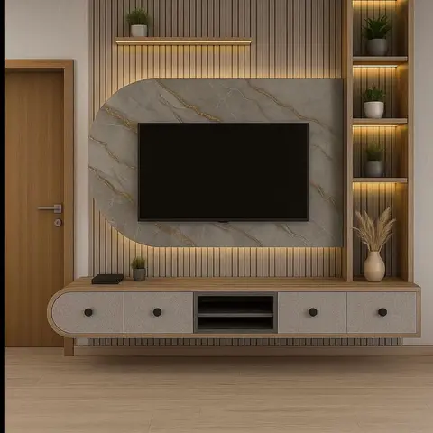 TV feature wall with a backlit oval grey-and-gold marble panel set into fluted wood-slat panelling