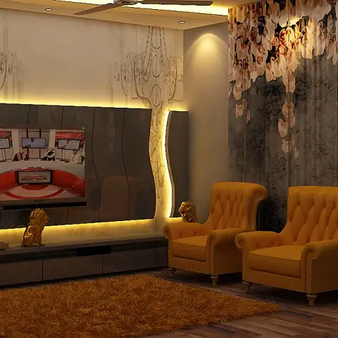 TV feature wall with backlit wavy panelling flanked by mustard tufted wingback armchairs and a floral wallpaper accent.