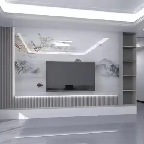 TV feature wall with fluted panelling either side of a mounted screen and a grey landscape mural wallpaper backdrop.