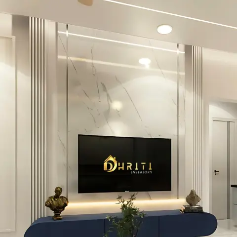 TV wall render — a book-matched white marble slab framed by tall white fluted panels, with a navy pill-shaped floating console lit from underneath