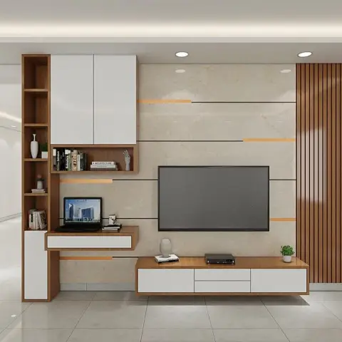 TV wall render where a beige marble panel scored with thin brass and black inlay lines carries the screen
