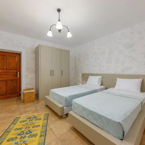 Twin-bed guest room with a rustic stone accent wall, a wood-paneled door, and a patterned yellow rug.