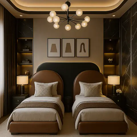 Twin-bed guest room with leather-upholstered headboards, a sputnik chandelier, and backlit display niches in dark marble panelling.