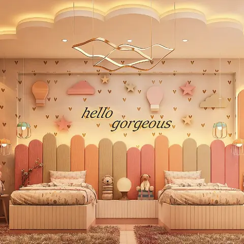 Twin-bed kids' bedroom with a scalloped pastel upholstered headboard wall and a cloud-shaped cove ceiling reading "hello gorgeous".