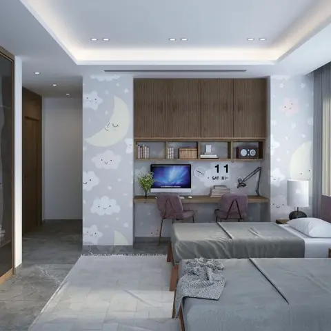Twin-bed kids' bedroom with cloud-and-moon wallpaper, a built-in study desk with wood shutters, and a mirrored wardrobe wall