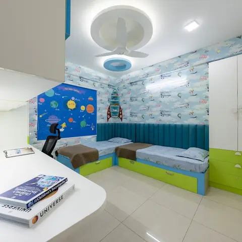 Twin-bed kids' room with sky-and-airplane wallpaper, a teal channel-tufted headboard wall, lime-green storage beds and a built-in study desk.