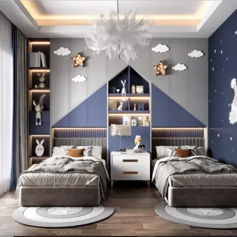 Twin children's room where a grey-and-navy gable-shaped panelled wall frames a house-outline display niche between two velvet-headboard beds