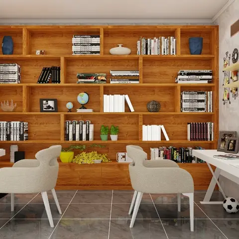 Twin-desk study room with a full-height wood shelving unit stocked with books and globes, flanked by two facing white X-frame desks, kids' art on the side wall.