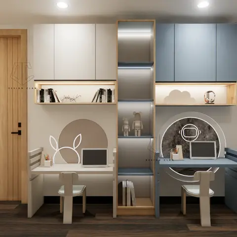 Twin kids' study nook with matching white and blue overhead cabinets, a central open shelving column