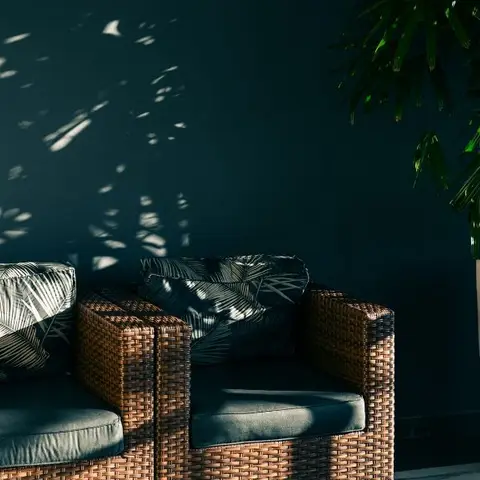 Two brown wicker outdoor armchairs with leaf-print cushions against a dark teal wall, dappled afternoon light, a large potted palm beside them