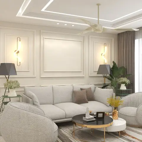 Two round pebble-shaped swivel chairs face a pale grey three-seater under a blank moulded wall panel flanked by twisted-ribbon LED sconces and dark drum-shade