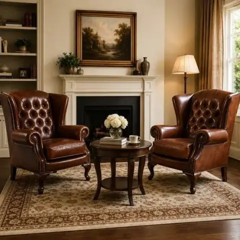 Two tufted brown leather wingback chairs face each other across a round wood side table, in front of a cream fireplace mantel with a framed landscape painting