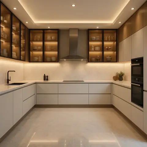 U-shaped ivory handleless kitchen with black-framed glass crockery cabinets lit from within