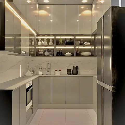 U-shaped kitchen with glossy taupe handleless cabinetry, a marble-look backsplash