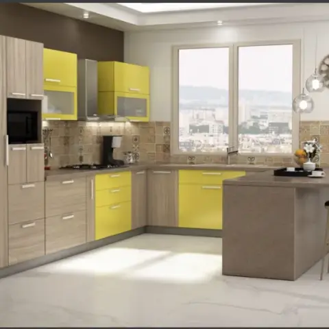 U-shaped modular kitchen render mixing lemon-yellow gloss shutters with pale ash woodgrain, a patchwork Moroccan-tile dado under the wall units