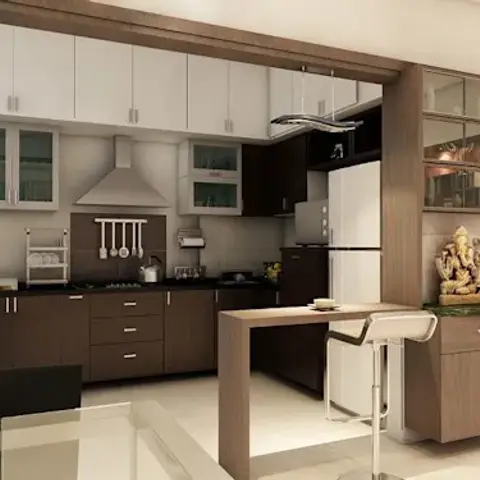 U-shaped modular kitchen render with white and wenge two-tone cabinets, black granite counters