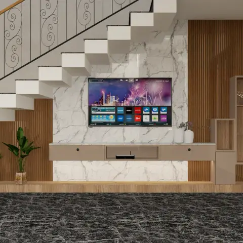 Under-stair TV wall render: white book-matched marble slab behind the screen, fluted teak panelling either side