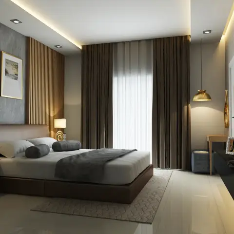 Vertical teak fluting meets a grey lime-plaster wall behind a leather-headboard bed