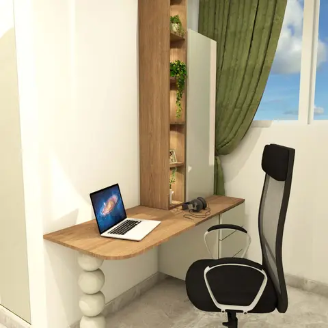 Wall-mounted wood study desk with a sculptural stacked-sphere leg, open shelving styled with trailing plants, beside a window with olive curtains.