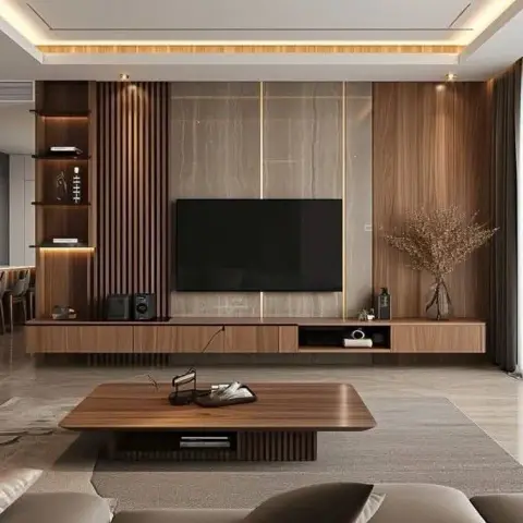 Walnut fluted panel and lit open niches flanking a beige stone slab TV backdrop split by slim brass reveals