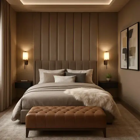 Warm bedroom with a fluted wall-panel headboard wall lit by cove ceiling lighting and flanking wall sconces, a faux-fur throw on the bed