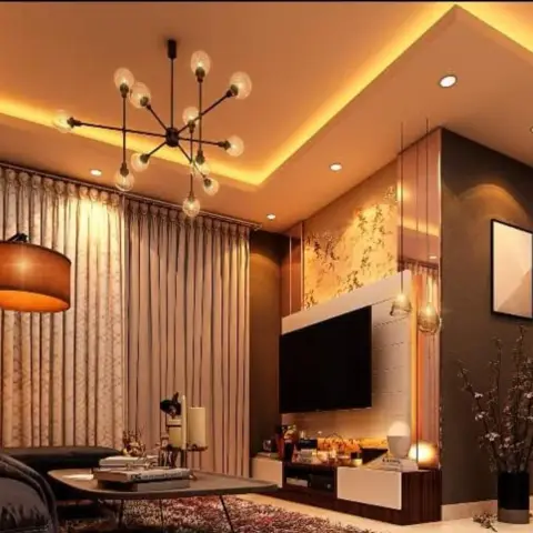 Warm-lit living room render with a black sputnik chandelier under a cove-lit ceiling